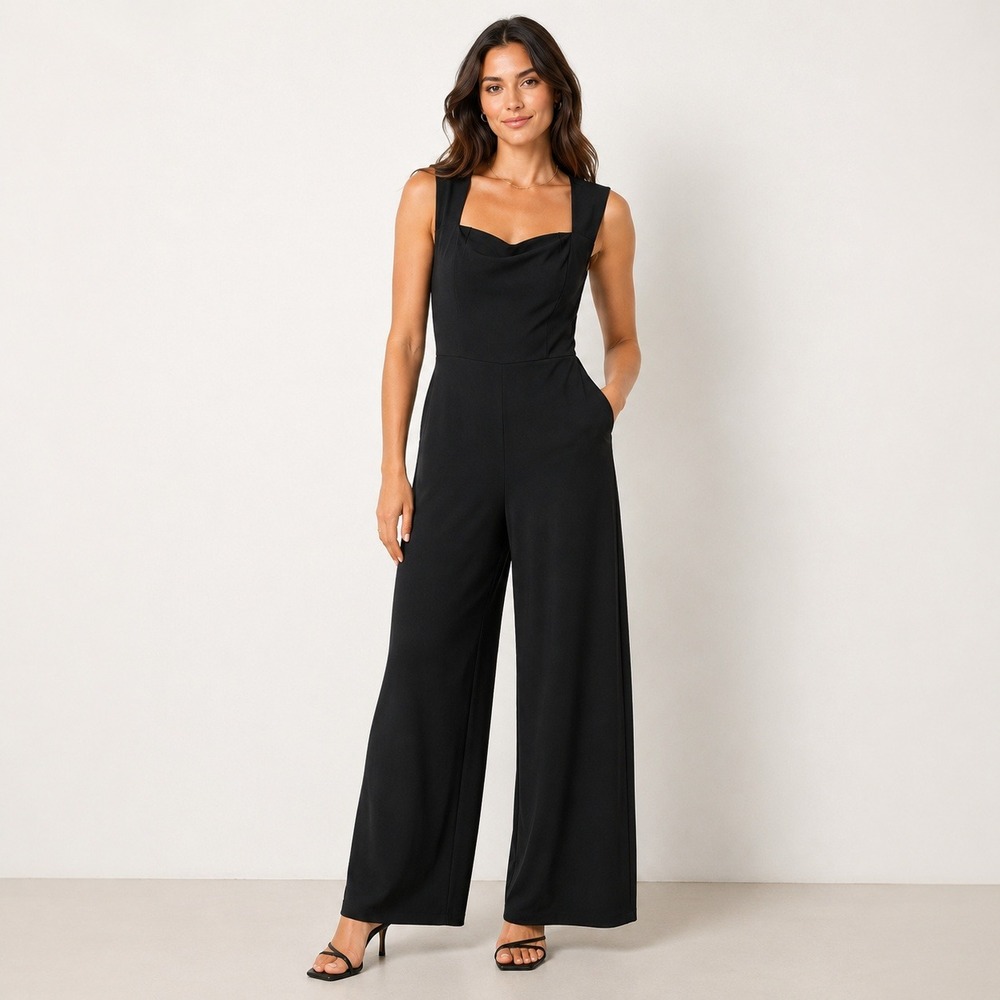 Halara Black Wide Leg Square Neck Jumpsuit Built‎ In Bra NWT S